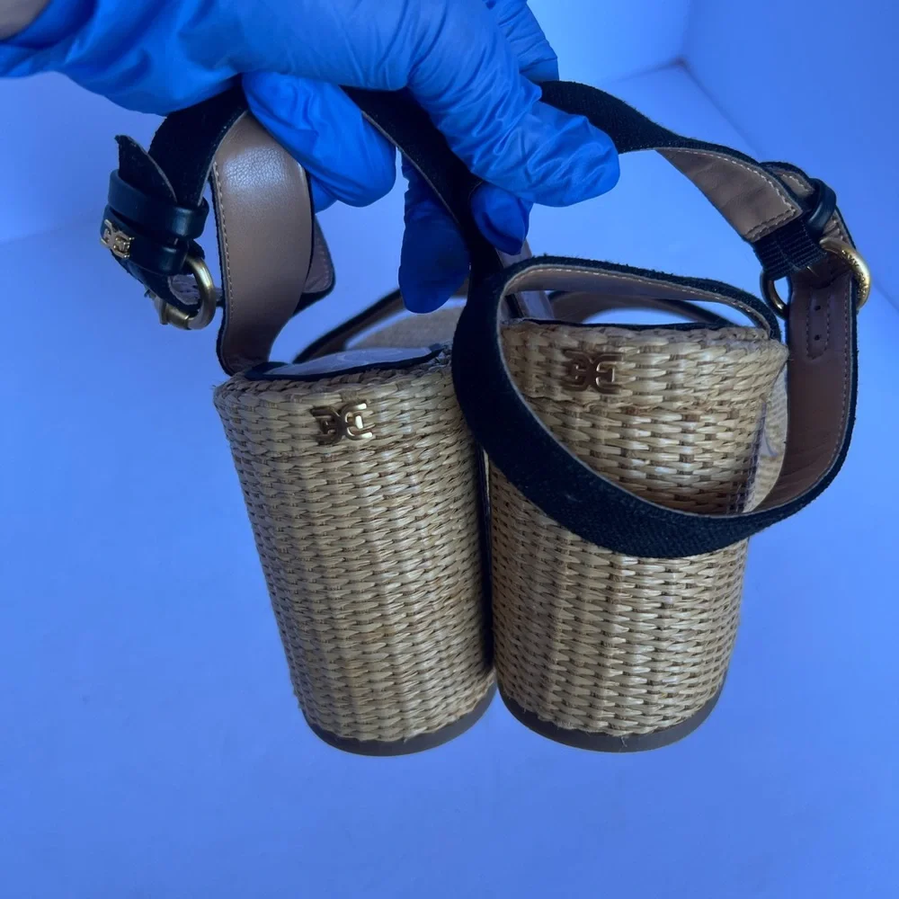 Sam Edelman Tan‎ Immie Black Woven Platform Ankle-Strap Heels